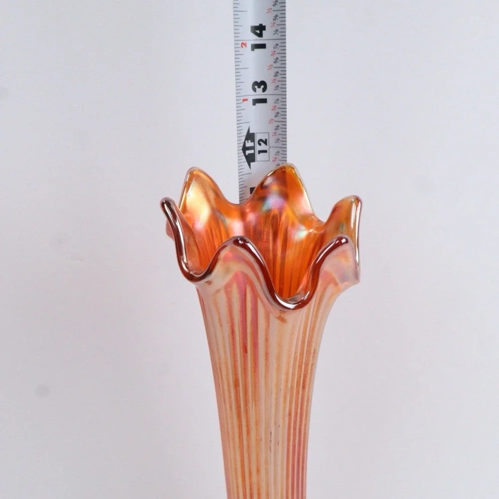 Fenton Antique Carnival Glass Swung Vase Orange Marigold Candy Ribbon‎ Crimped